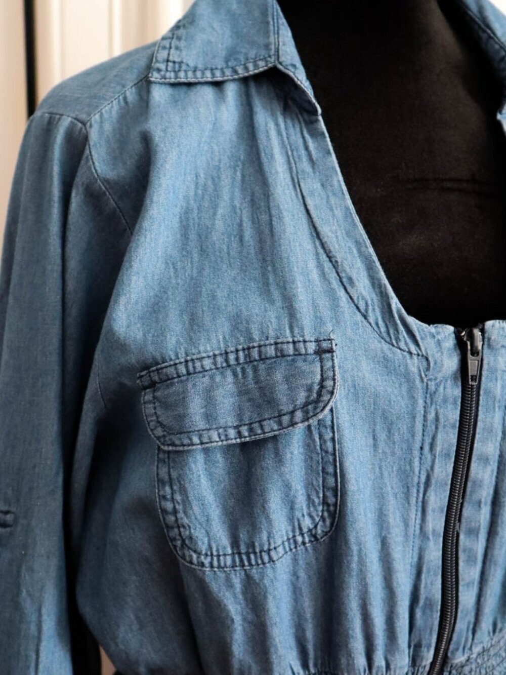 Kings Road Zip Up Chambray Denim Midi Dress Knee Length Plus Size 1x Boho - Picture 3 of 8